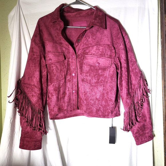 Blank NYC Faux Suede Fringe‎ Jacket Snap Closure & Chest Pockets Medium Burgundy - Picture 1 of 9
